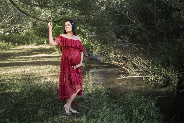 Deja Gown • Hi Low Lace Maternity Gown • Flowy Fit Maternity Gown • Off The Shoulder Gown • Knit Maternity Gown • Maxi Dress • Pregnancy Dress • by Sew Trendy