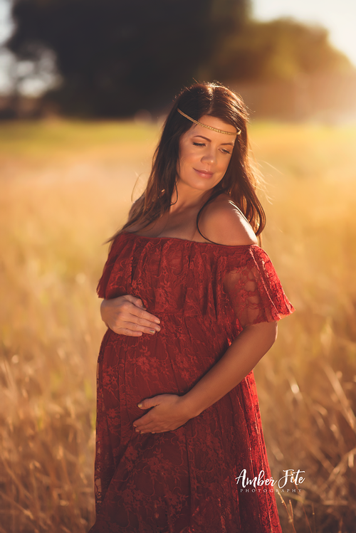 Deja Gown • Hi Low Lace Maternity Gown • Flowy Fit Maternity Gown • Off The Shoulder Gown • Knit Maternity Gown • Maxi Dress • Pregnancy Dress • by Sew Trendy