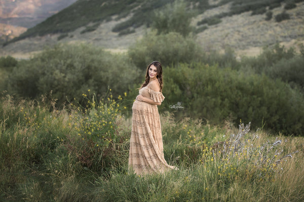 Edith Ruffled Lace Maternity Gown • Tank Style Maternity Gown • Boho style maternity gown • Peek-a-Boo Sleeve Maternity Gown • Cold Shoulder Gown • Lace Maternity Gown • by Sew Trendy