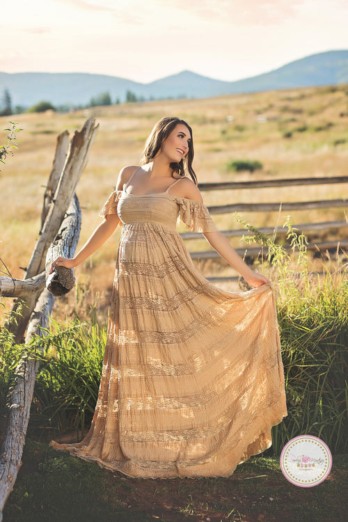 Edith Ruffled Lace Maternity Gown • Tank Style Maternity Gown • Boho style maternity gown • Peek-a-Boo Sleeve Maternity Gown • Cold Shoulder Gown • Lace Maternity Gown • by Sew Trendy