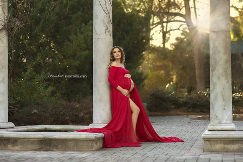 Erin Gown • Long Flowing Chiffon Gown • Off the Shoulder Long Sleeve Sheer Chiffon Straight Top Maternity Gown • by Sew Trendy