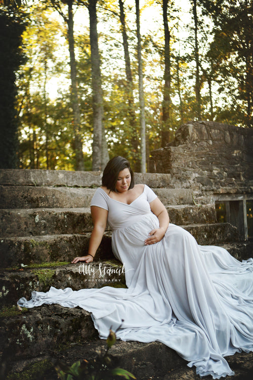 Faythe Gown • Sweetheart Sheer Gown • Chiffon Off the Shoulder Dress • Short Sleeve Maternity Gown • by Sew Trendy