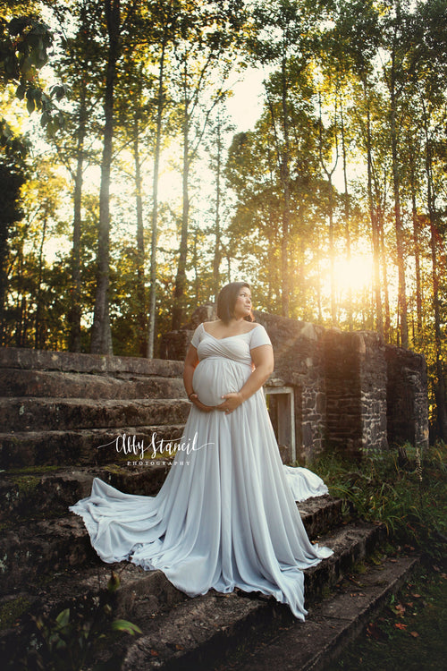 Faythe Gown • Sweetheart Sheer Gown • Chiffon Off the Shoulder Dress • Short Sleeve Maternity Gown • by Sew Trendy