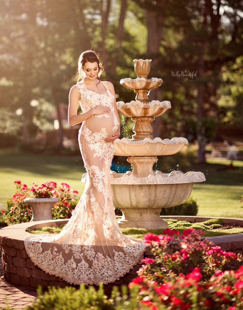 Francine Gown • Couture Sheer Nude Flower Gown • Sheer Maternity Gown • Nude Gown • Sheer Pregnancy Dress • Slim Fit Maternity Gown • Couture Gown Mesh • by Sew Trendy