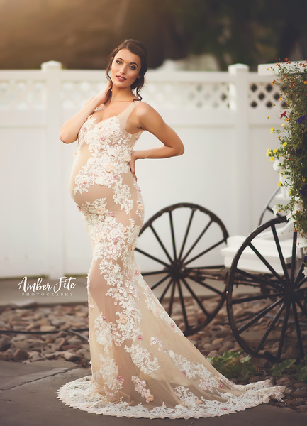 Francine Gown • Couture Sheer Nude Flower Gown • Sheer Maternity Gown • Nude Gown • Sheer Pregnancy Dress • Slim Fit Maternity Gown • Couture Gown Mesh • by Sew Trendy