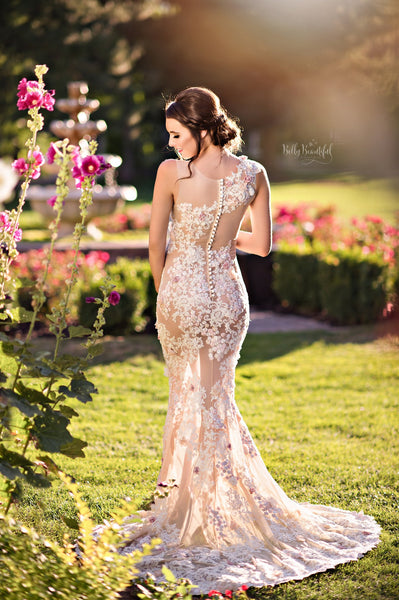Francine Gown • Couture Sheer Nude Flower Gown • Sheer Maternity Gown • Nude Gown • Sheer Pregnancy Dress • Slim Fit Maternity Gown • Couture Gown Mesh • by Sew Trendy