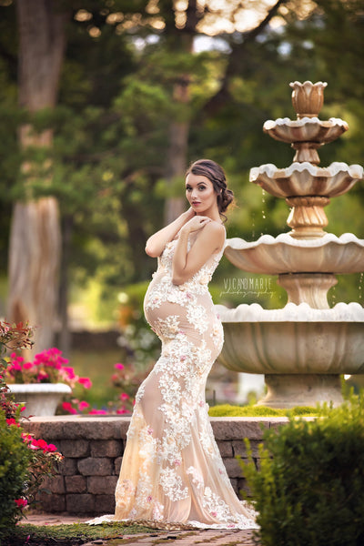 Francine Gown • Couture Sheer Nude Flower Gown • Sheer Maternity Gown • Nude Gown • Sheer Pregnancy Dress • Slim Fit Maternity Gown • Couture Gown Mesh • by Sew Trendy