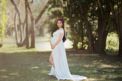 Hannah Gown • Off the Shoulder Gown • Cap Sleeve Pregnancy Dress • Sheer Chiffon Maternity Gown • by Sew Trendy