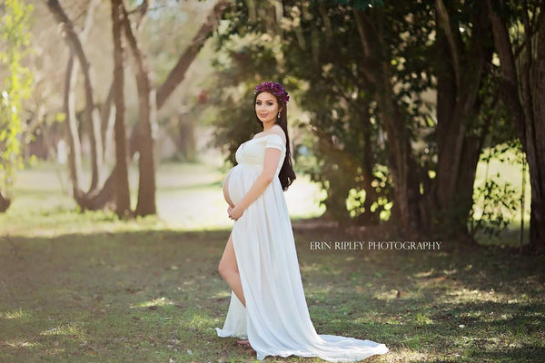 Hannah Gown • Off the Shoulder Gown • Cap Sleeve Pregnancy Dress • Sheer Chiffon Maternity Gown • by Sew Trendy