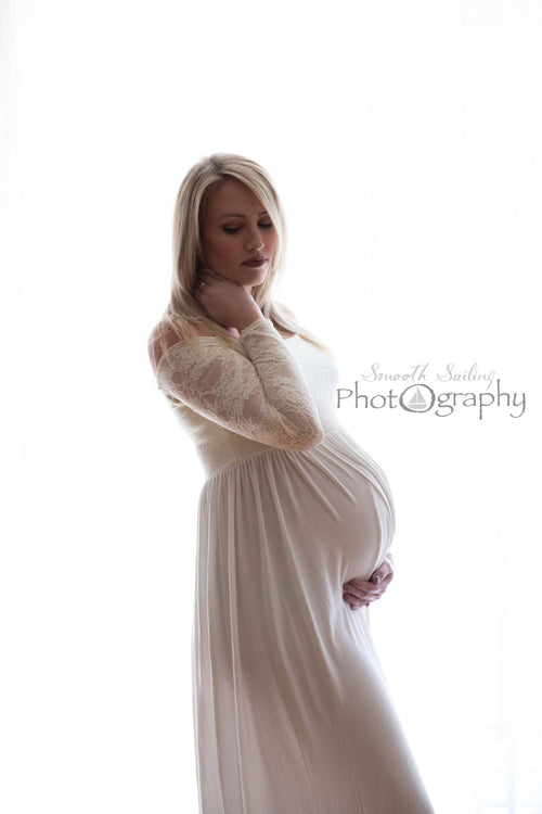 Megan Gown • Long Sleeve Gown • Lace Maternity Gown • Straight Top Stretch Knit Dress •  Maxi Style Maternity Gown • by Sew Trendy