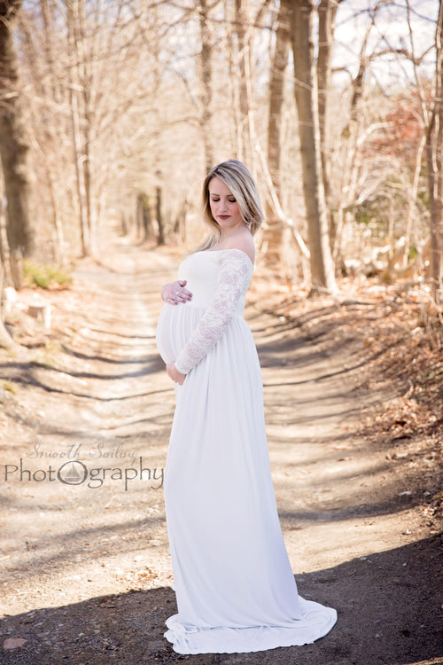 Megan Gown • Long Sleeve Gown • Lace Maternity Gown • Straight Top Stretch Knit Dress •  Maxi Style Maternity Gown • by Sew Trendy