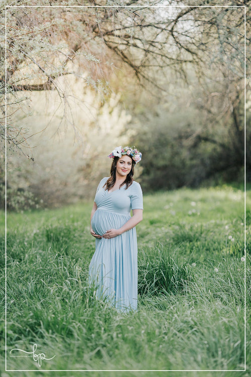 Vivian Gown • On the Shoulder Sleeve Maternity Gown • Maxi Style Sweetheart Soft Knit Maternity Gown • by Sew Trendy
