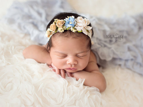 Mini Estelle in Blue • Newborn Floral Crown • Newborn Flower Crown • Bohemian Tieback • Ivory Floral Crown • Dainty Floral Crown | READY TO SHIP • by Sew Trendy