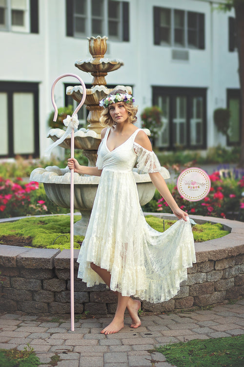 USED XXS Blakely Hi Low Maternity Gown in Ivory • Tank Style Ruffled Lace Maternity Gown • Peek-a-Boo Sleeve Maternity Gown • Open Shoulder Gown • Hi Low Lace Maternity Gown • Peek-a-Boo Sleeve Dress • by Sew Trendy