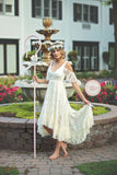 USED XXS Blakely Hi Low Maternity Gown in Ivory • Tank Style Ruffled Lace Maternity Gown • Peek-a-Boo Sleeve Maternity Gown • Open Shoulder Gown • Hi Low Lace Maternity Gown • Peek-a-Boo Sleeve Dress • by Sew Trendy