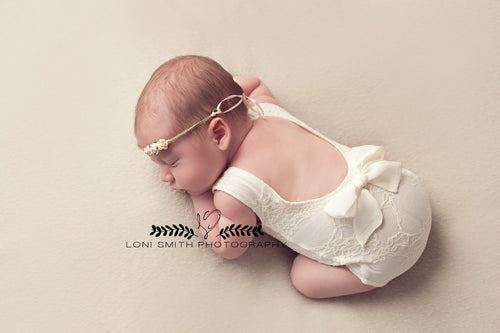 Chleo Romper • Newborn Low Back Romper • Sitter Low Back Romper • Baby Low Back Romper • Romper With Bow • Newborn Baby Romper • Lace Romper • by Sew Trendy