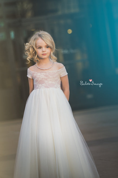 Claire Girls Vintage Inspired Gown •  Full Circle Chiffon Skirt • Lace Off the Shoulder Top • Girls Couture • Princess Photo Shoot • Birthday Dress • by Sew Trendy