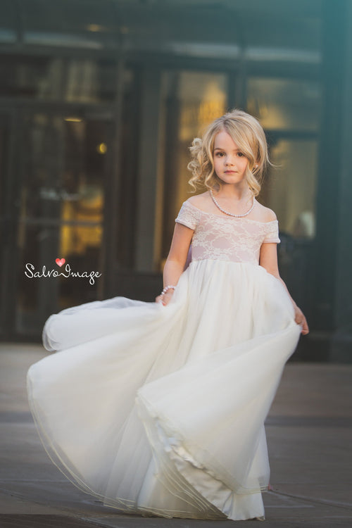 Claire Girls Vintage Inspired Gown •  Full Circle Chiffon Skirt • Lace Off the Shoulder Top • Girls Couture • Princess Photo Shoot • Birthday Dress • by Sew Trendy