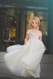 Claire Girls Vintage Inspired Gown •  Full Circle Chiffon Skirt • Lace Off the Shoulder Top • Girls Couture • Princess Photo Shoot • Birthday Dress • by Sew Trendy