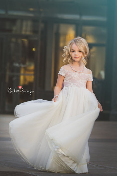 Claire Girls Vintage Inspired Gown •  Full Circle Chiffon Skirt • Lace Off the Shoulder Top • Girls Couture • Princess Photo Shoot • Birthday Dress • by Sew Trendy