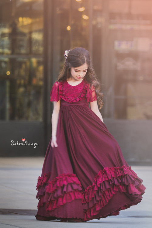 USED Size 6 Henrietta Gown in Burgundy • Girls Vintage Style Ruffled Gown • by Sew Trendy
