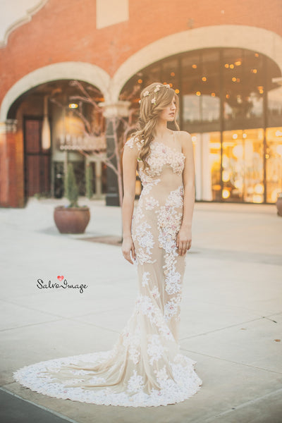 Francine Gown • Couture Sheer Nude Flower Gown • Sheer Maternity Gown • Nude Gown • Sheer Pregnancy Dress • Slim Fit Maternity Gown • Couture Gown Mesh • by Sew Trendy